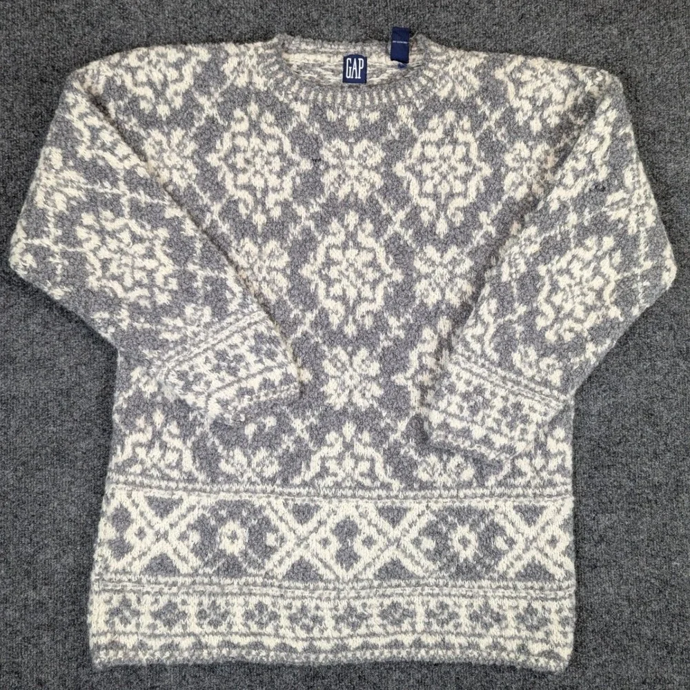 Gap Vintage Wool Mohair Blend Fair Isle Damask Crewneck Sweater Gray Large